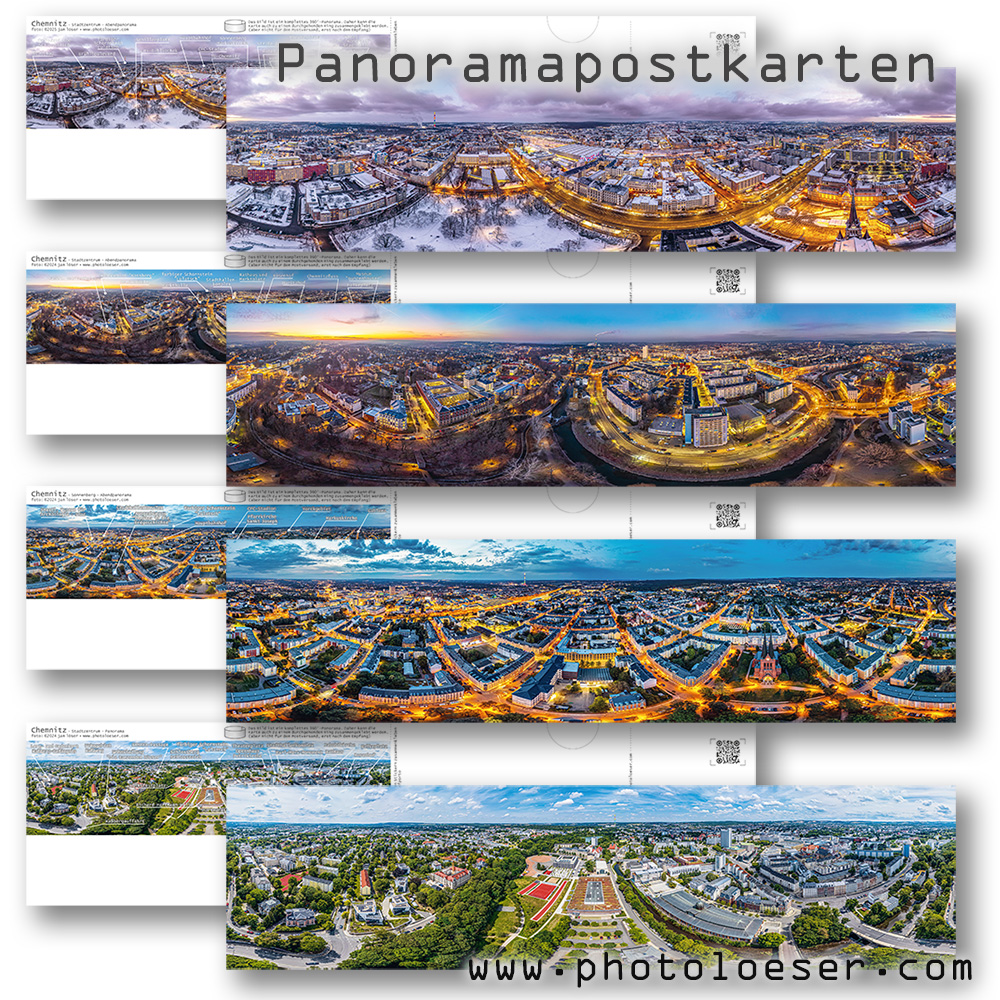 Zu sehen sind Panoramabilder von Jan Loeser, die Chemnitz abbilden. Zu sehen ist jeweils die Vorderseite der Karte mit Foto und die Rückseite mit Erklärungen der Seehnswürdigkeiten und Schreibfläche.