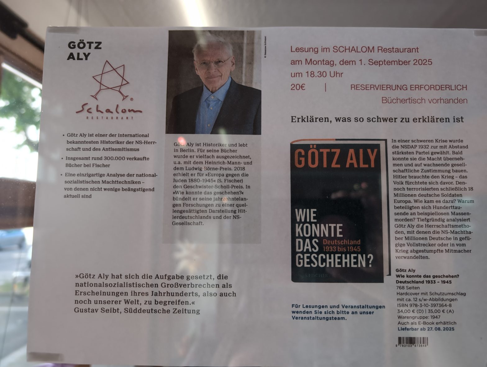 Zu sehen ist ein Plakat zur Veranstaltung mit Götz Aly im Restaurant Schalom. Die Lesung findet am 01.09.2025 um 18:30 statt.