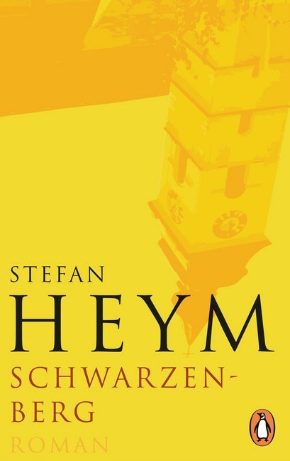Zu sehen ist das Cover von "Schwarzenberg" von Stefan Heym, erschienen im Penguin Verlag. Das Cover ist in gelb gehalten. Zu sehen ist, wie durch einen Schleier, eine Kirche die auf dem Kopf steht.